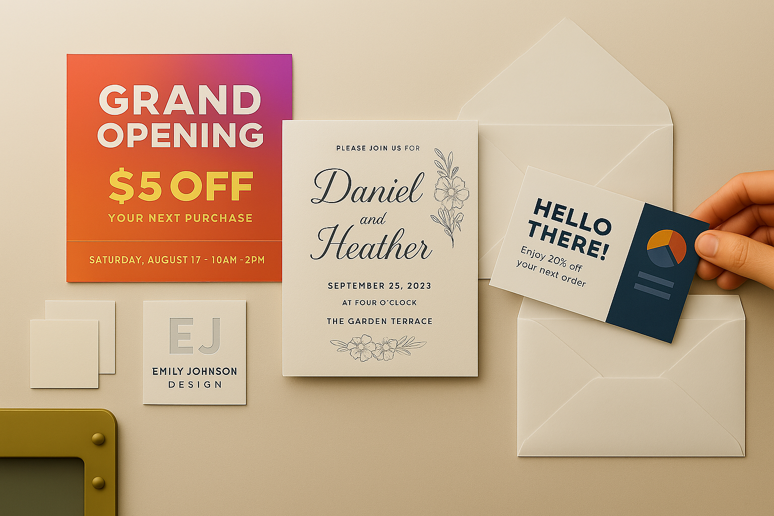 Flat, digitally printed flyers, invites, and postcards
