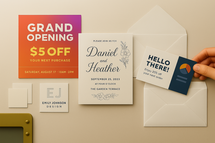 Flat, digitally printed flyers, invites, and postcards